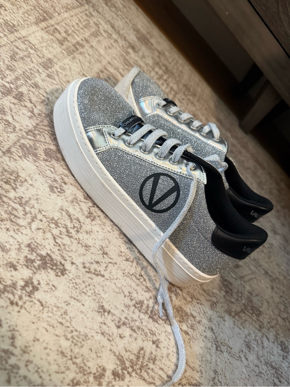Valentino Silver Glitter Platform Sneakers with Black Trim